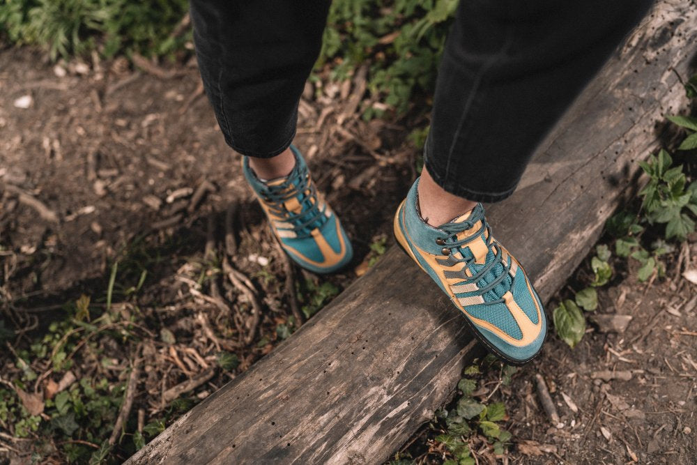 Eine Person trägt die wasserdichten SQOUT Blue Orange Waterproof-Sneaker von ZAQQ, die sowohl atmungsaktiv als auch wasserdicht sind, und balanciert auf einem umgestürzten Baumstamm, der von Gras und Erde umgeben ist. Die Person trägt schwarze Hosen, die perfekt zur Waldkulisse passen.